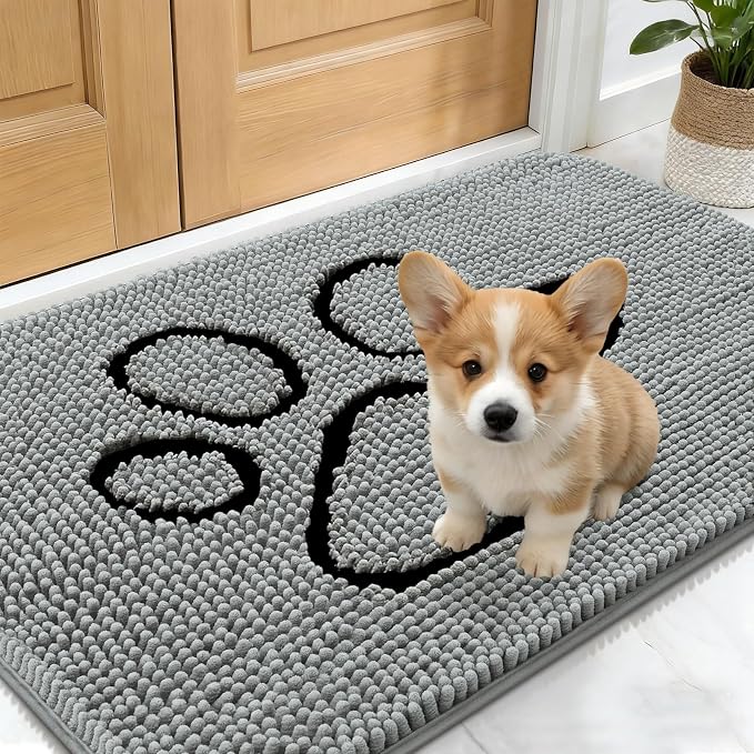 OLANLY Dog Door Mat for Muddy Paws 24x16, Paw Print Design Chenille Mud Mat | Grey, Super Absorbent, Traps Moisture and Dirt, Non-Slip Washable Doormat, Quick-Drying Indoor Entryway Floor Carpet for Dogs