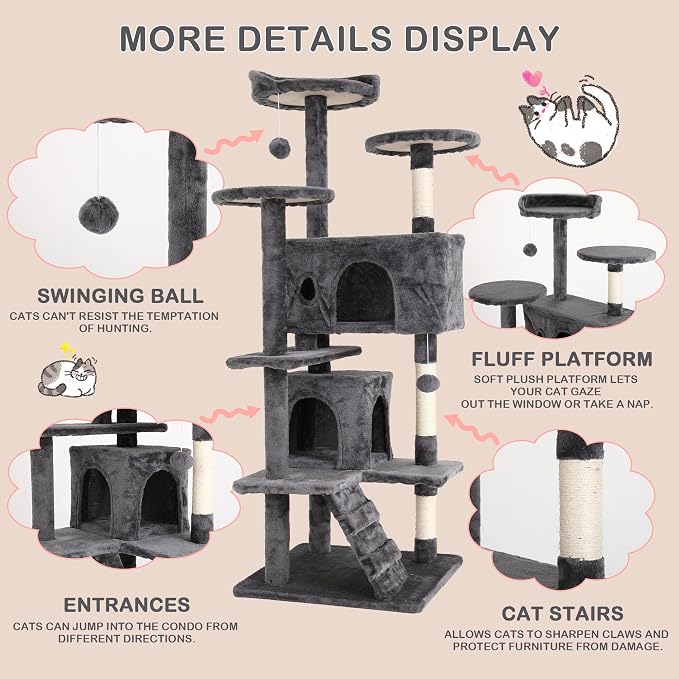 Heavy Duty Cat Tree Tower, 54" Tall, Multi-Level Cat Climbing Tower with Cat Scratching Post, Bed, Hanging Ball, Ashy