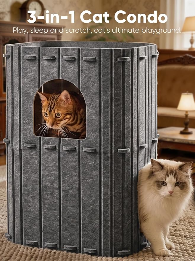 FUKUMARU Cat House for Indoor Cats, Warm Felt Cat Bed, Scratch Resistant | Large Cat Bed Cave, 3-in-1 Cat Condo, Cozy Felt Covered Cats Tunnel, 23.62 Inch Kitten Hideaway for Multicats, Dark Grey