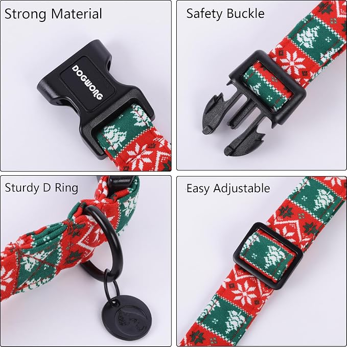 DOGWONG Christmas Cotton Dog Collar, Red Green Stripe Christmas Dog Collar Durable Soft Pet Collars Cute Red Necklace for Small Medium Dogs