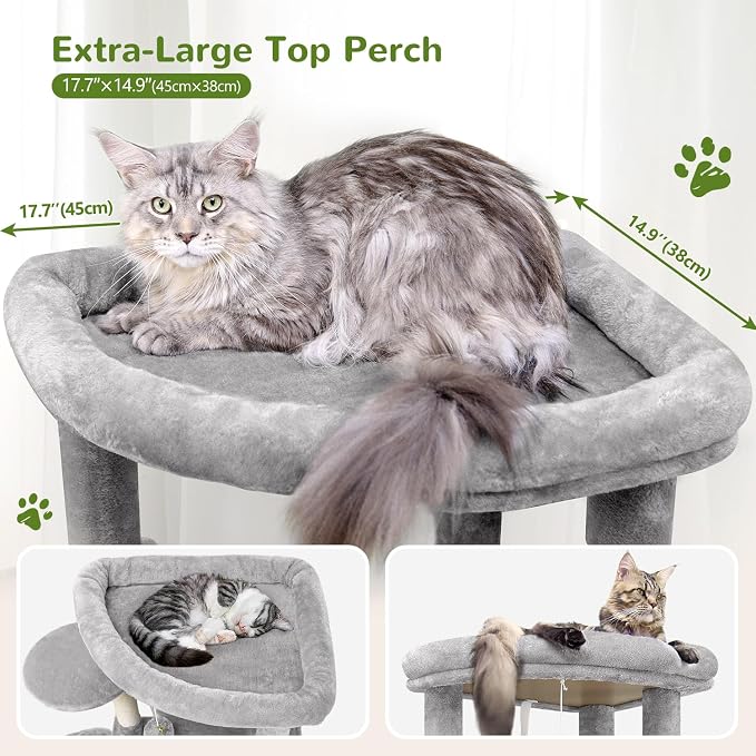 Globlazer 66in Corner Cat Tree Tower for Indoor Large Cat, C66, Light Grey | Space-Saving Stable Adult Cat Tower with 6 Scratching Posts, 2 Large Fan-shaped Condos & Top Perch, Hammock, Climbing Steps