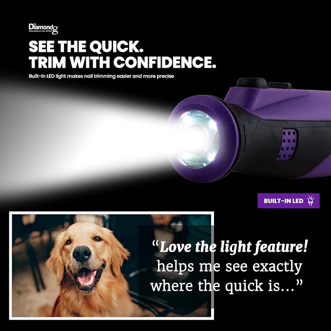 Diamondg Cordless Dog Nail Grinder - Quiet Sound with LED Light, Purple | 5-Speed Rechargeable Pet Nail Trimmer for Small & Large Dogs, USB-C Charging, 4hrs. Runtime, Painless Dog Nail Grinding Kit