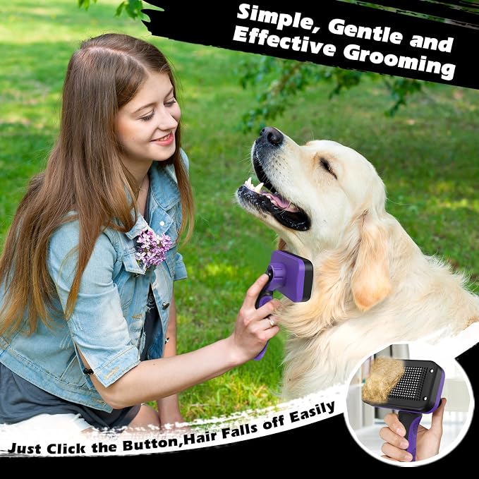 Professional 3PCS Self Cleaning Slicker Brush & Pet Grooming Rake & Flea Comb for Dogs,Cats and Horses | Double-Sided Dematting Comb & Skin Friendly Deshedding Grooming Tool | Pet Supplies (Purple)