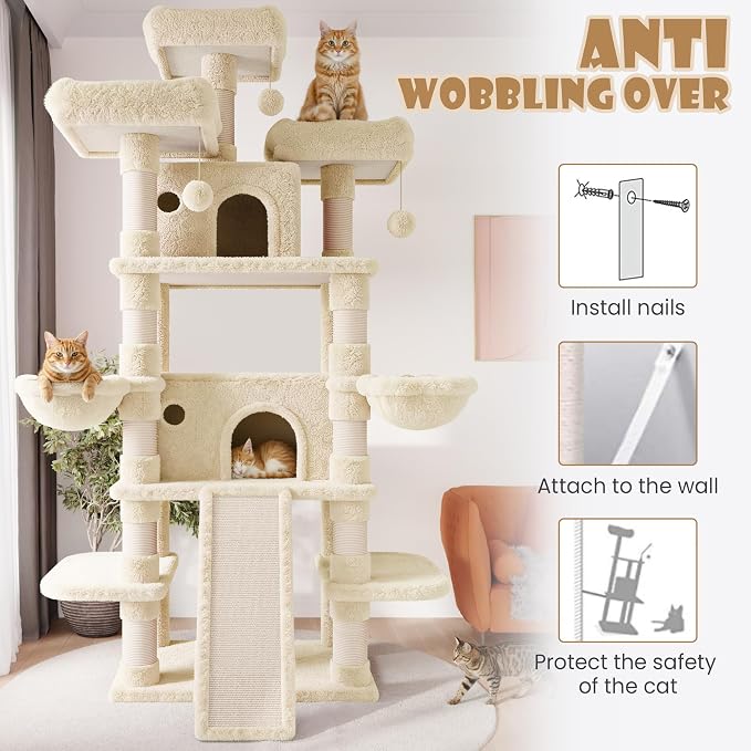 SHA CERLIN 81 Inches Extra Large Cat Tree for Indoor Adult Cats/XXL Big Cat Tower with Condo/Cozy Perches/Sisal Scratching Posts and Hammocks/Activity Center/F80/Heavy Duty/Beige
