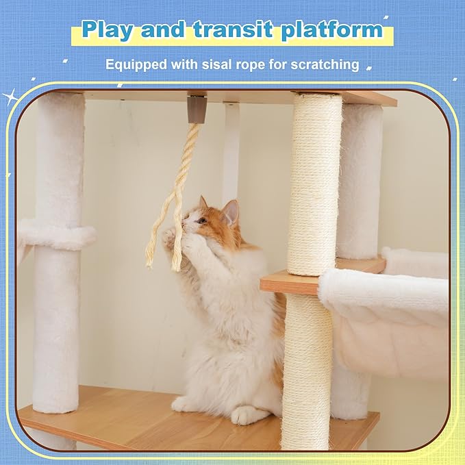 Hey-brother Wooden Cat Tree, Furniture Tower with Large Platforms, MPJ121WB | 69.7 inch, Modern Full Sisal Scratching Posts, Hammocks, Spacious Condo, Ladder, Brush, Water Proof Surface, Walnut