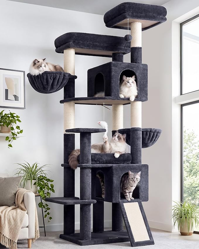 Globlazer Tall Cat Tree for Indoor Large Cats, 75 inch, F75C, Dark Grey | Multi-Level Cat Tower, 2 Large Platforms, 2 Oversized Cat Condos, 5 Scratching Posts, Scratching Board, Removable Pet Bed