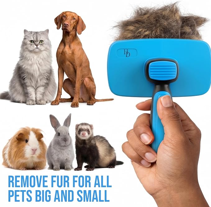 Pet Slicker Brush with Self-Cleaning Button – Deshedding & Grooming Tool for All Hair Types – Safe for Puppy, Kitten & Dogs, Cats, Blue, Hampton Distribution