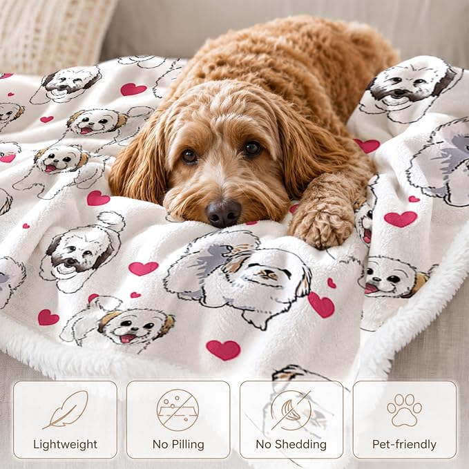 BlessLiving Shih Tzu White Throw Blanket with Dense Dog Patterns Sherpa Fleece Blanket Couch Bed, Soft Cozy Warm Pet Blankets for Puppy Lovers Cute Snowball Animal Print Gift 50x60 Inches