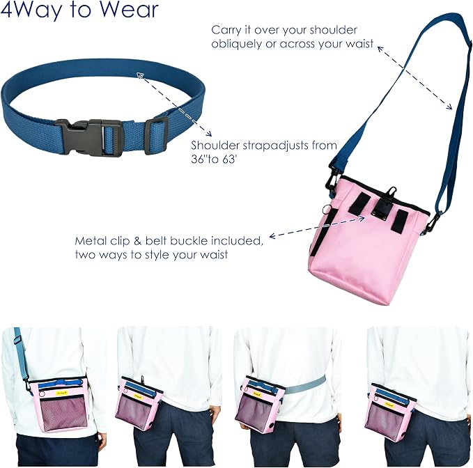 Raisingwell Dog Treat Pouch with Magnetic Closure 4-Cup Silicone Bag Fanny Pack Holder with Clicker 4 Ways to Wear Front Pocket Fits All Phones Ideal for Leash, Pet Walking and Training（Pink）