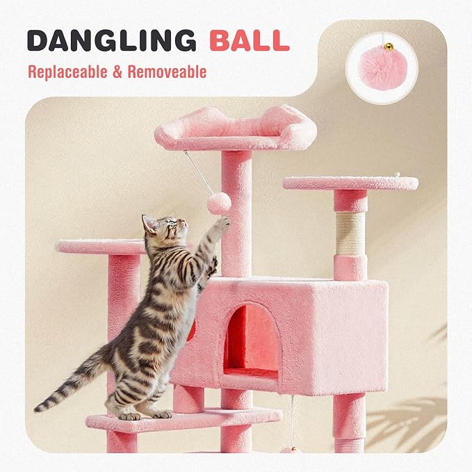 54 Inch Cat Tree Tower with Natural Sisal Scratching Post | Multi-Level Cat Climbing Tower with Hammock, Pet Condo for Indoor Cats and Kittens, Pink