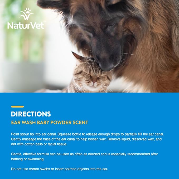 NaturVet Ear Wash with Tea Tree Oil Aloe & Baby Powder Scent | 8 oz