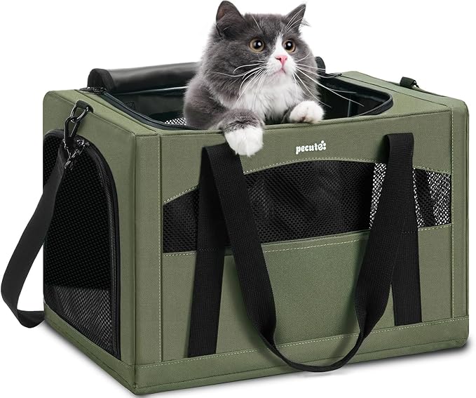 Pecute Cat Carrier Stable, Pet Carrier with Hidden Anxiety Relief Partition & Stable Steel Frame, Safe Cat Carrier for Car Travel, Soft-Sided Dog/Cat Carrier Bag for Pets Up to 11lbs, Green