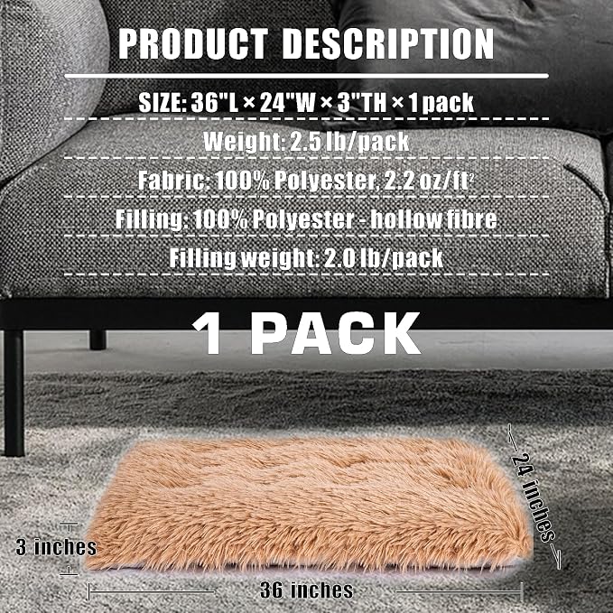 Machine Washable Dog Bed, Deluxe Plush Dog Crate Pad and Cat Bed, Anti-Slip Bottom Kennel Pad Mat, Fuzzy Pet Beds for Large, Medium, Small Dogs Breeds (Light Coffee, 36.0"L x 24.0"W x 3.0"Th x 1 Pack)