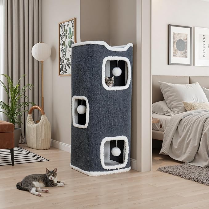 Three-Tier Cat Tree for Indoor Cats, Multi-Level Cat Tower with Cat Hideaway, Soft Cat Bed, Interactive Toy Ball & Scratching Posts, Space-Saving Cat Furniture for Apartments (L)
