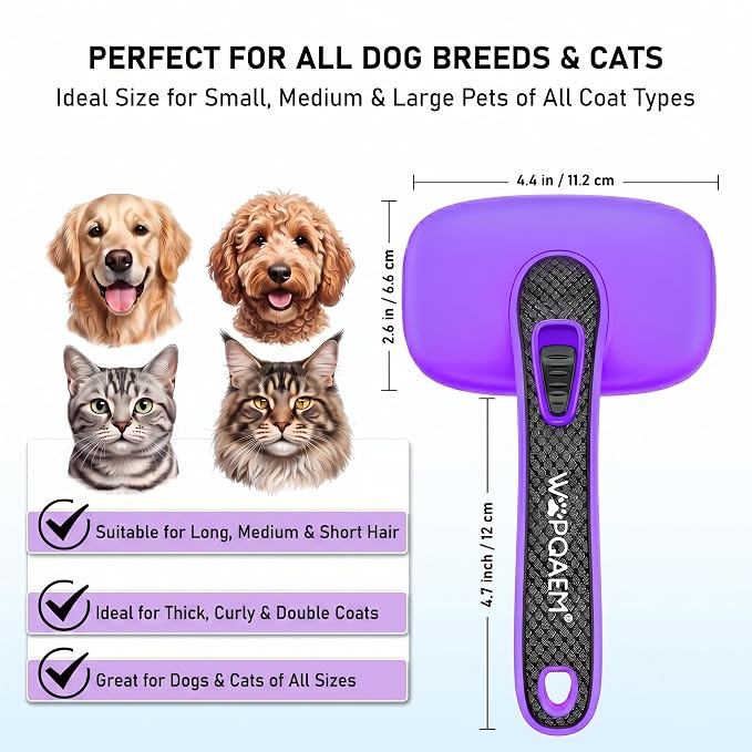 Self Cleaning Slicker Brush for Dog and Cat Shedding, Purple | Skin Friendly Deshedding Brush for Short or Long Haired Dogs & Cats, One-Click Retractable for Easy Cleaning Flying Hair