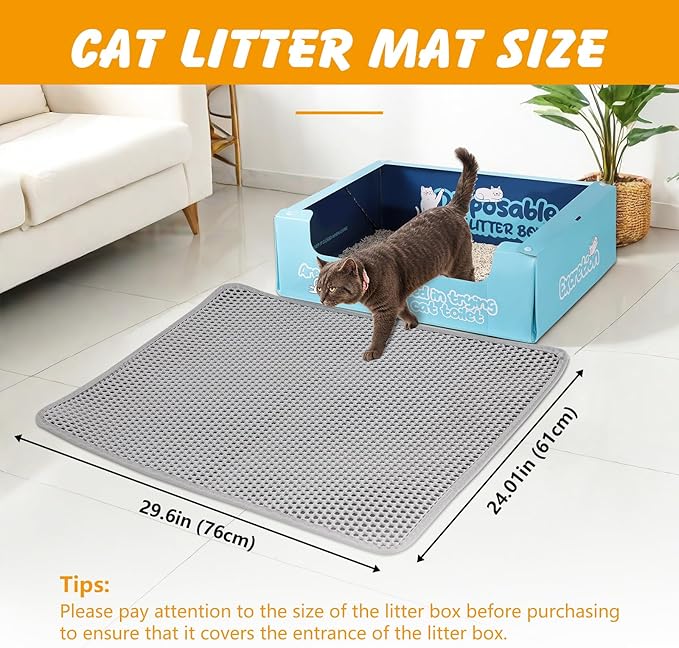 ondware Cat Litter Mat 30 x 24 in, Double Layer, Waterproof, Gray | Honeycomb EVA mat, traps litter, urine-proof non-slip backing, soft on paws, easy shake-off or rinse clean