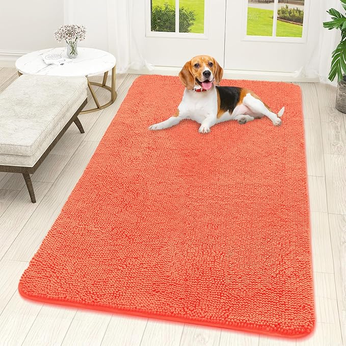 OLANLY Dog Door Mat for Muddy Paws 59x32, Super Absorbent Chenille Mud Mat | Coral, Absorbs Moisture and Dirt, Non-Slip Machine Washable Doormat, Quick-Drying Indoor Entryway Floor Carpet for Dogs