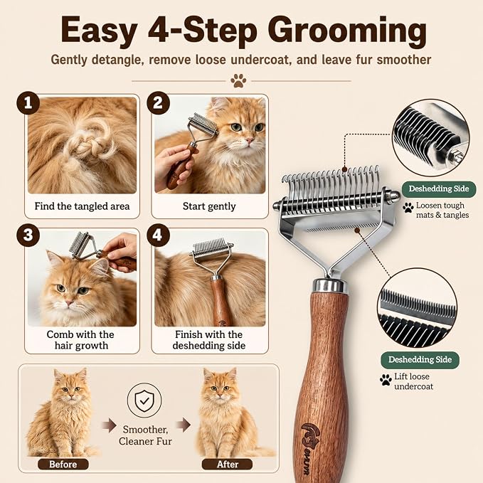 Cat Brush for Long Haired Cats, 2-in-1 Dematting Comb & Deshedding Brush for Cats, Dual-Sided Undercoat Rake for Matted Fur, Tangles, Shedding and Loose Hair