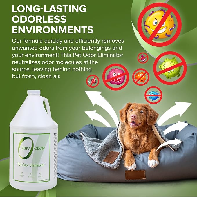 Zero Odor Pet Odor Eliminator Refill for Cat & Dog Urine, Carpet, 128 oz | Enzyme free, Urine Smell Eliminator for Pet Beds, Litter Areas & Furniture – No Lasting Scent, Sprayer not Included