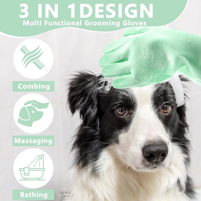 Pet Grooming Gloves—Dog Washing Gloves with High-Density Teeth | Dog Bath Scrubber with Enhanced Five Finger Design, Silicone Gloves for Dogs and Cats Bathing, Massage (Green)