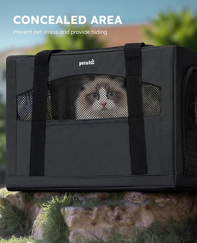 Pecute Pet Carrier for Cat up to 15lbs, Stable 5mm Steel Frame Soft-Sided Dog Carrier, Anxiety Relief Hidden Privacy Partition, Safe Pet Carrier for Car Travel, Washable, Foldable, Dark Gray, XL