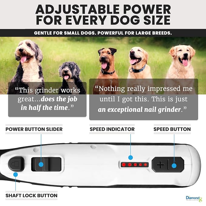 Diamondg Cordless Dog Nail Grinder - Quiet Sound with LED Light, White | 5-Speed Rechargeable Pet Nail Trimmer for Small & Large Dogs, USB-C Charging, 4hrs. Runtime, Painless Dog Nail Grinding Kit