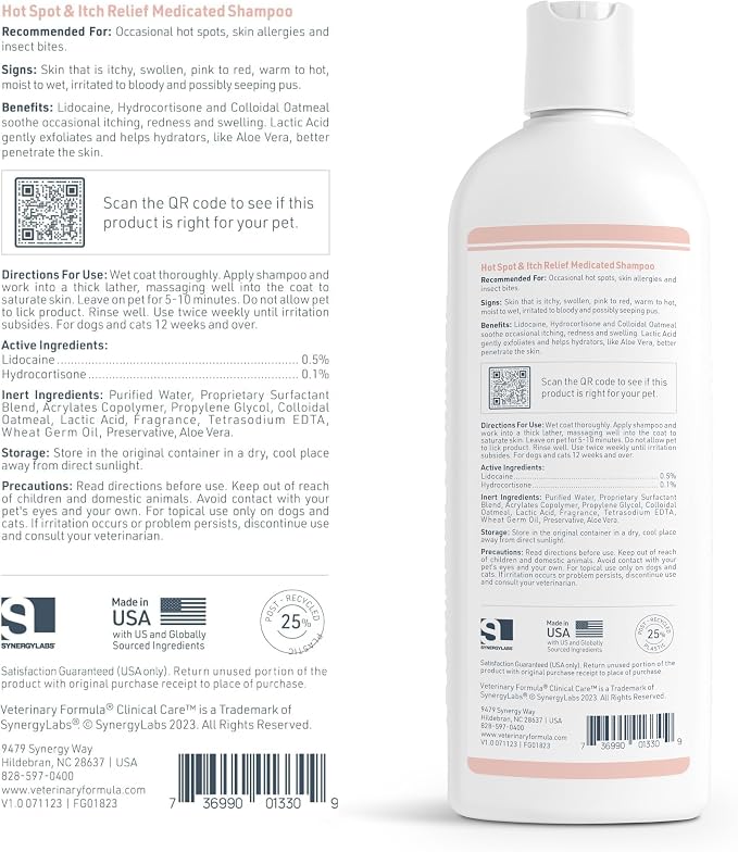 Veterinary Formula Clinical Care Hot Spot & Itch Shampoo, 16 oz, 2-Pack | Medicated shampoo for dogs and cats that helps alleviate sensitive skin, scratching and licking of the coat