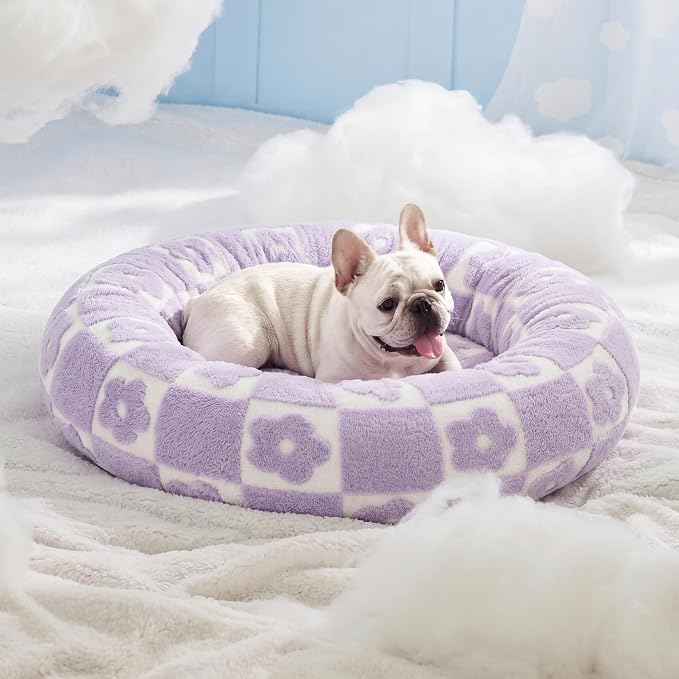 LE SURE Shown on TV Donut Dog Bed Medium - Round Cat Beds Indoor as Bed Gift for Calming with Washable Cover, Cute Home Decor Bed with Jacquard Shaggy Plush & Anti Slip Bottom, 30 Inch, Flower Checks