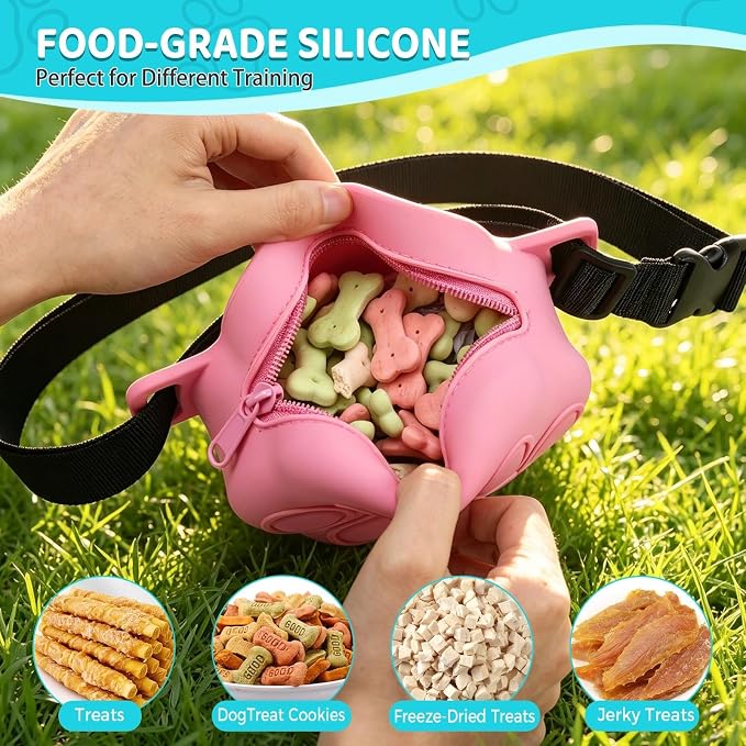Dog Treat Pouch with Training Clicker and 2 Poop Bags, 1.8 Cup Small Sealable Zipper Silicone Fanny Pack with Waist Belt, Pet Puppy Training & Walking Essentials (Pink)