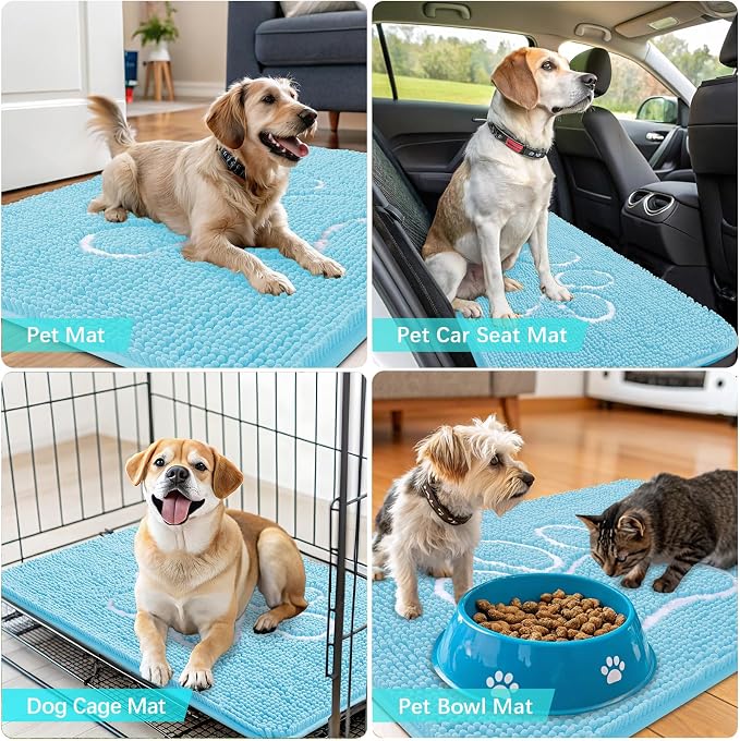 OLANLY Dog Door Mat for Muddy Paws 40x32, Paw Print Design Chenille Mud Mat | Blue, Super Absorbent, Traps Moisture and Dirt, Non-Slip Washable Doormat, Quick-Drying Indoor Entryway Floor Carpet for Dogs