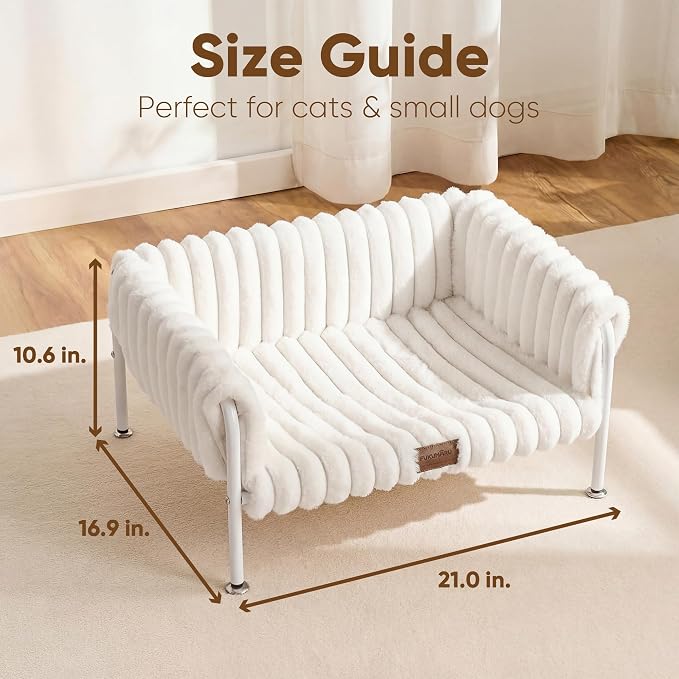 FUKUMARU Elevated Cat Couch Beds for Indoor Cats, Sturdy Metal Frame Cat Hammock Bed with High-Density Foam Cushion, Removable Washable Fluffy Cover, Breathable Raised Dog Bed & Cat Sofa Chair, Cream