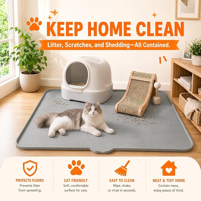 Cat Litter Mat, XL 40"x29.7" Silicone Litter Box Mat, Tilted Drain Spout | Litter Mat Fit 1-2 Boxes, Extra Wide Kitty Litter Mat, Waterproof Urine Proof, Non-Slip, Easy to Clean, High Edge