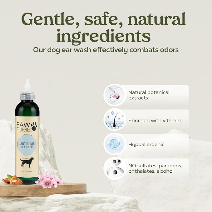 Pawfume Dog Ear Cleaner Solution, 4-Pack | Soothe itchy ears with St. John’s Wort & almond extracts, vet-certified, alcohol-free Dog Ear Wash for all breeds