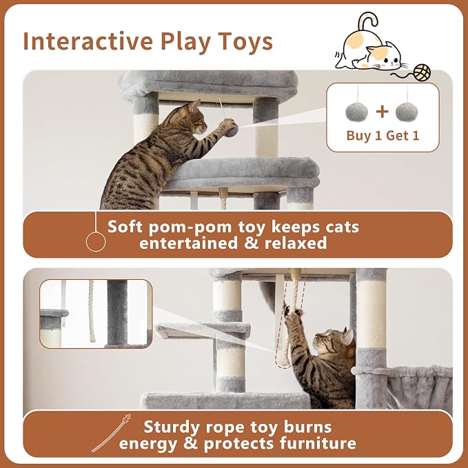 Heybly Cat Tree, 74-Inch Streamlined Cat Tower for Large Cats HCT061W | Cat Furniture with 3-Tier Stacked Condos, Large Perch, Sturdy Base, Full Sisal Scratching Posts & Ramp, Light Gray