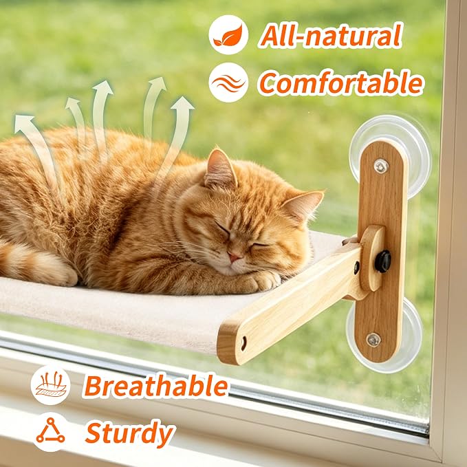 LuLu's World Foldable Large Cat Window Perch,Wooden Frame 23.7"×14.4" Beige | Soft berber fleece cover,washable fabric,strong suction cups,no drilling,space saving,easy to disassemble,breathable and warm