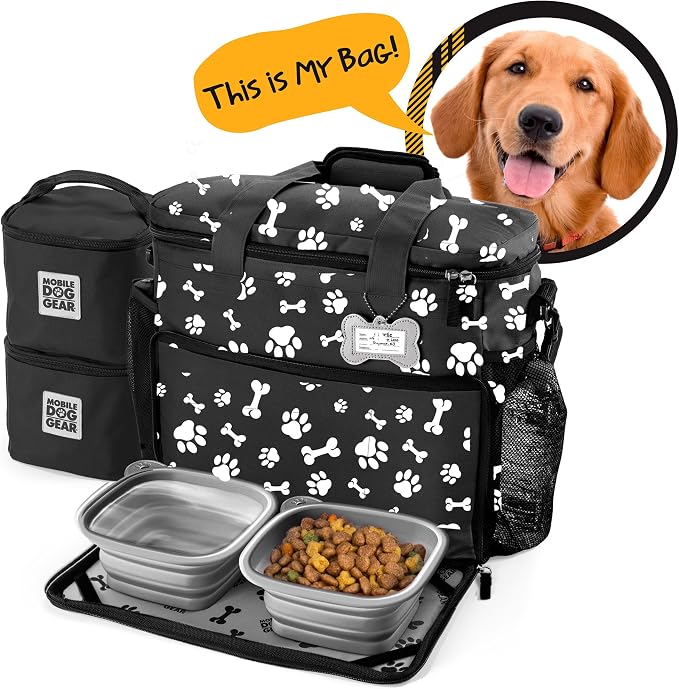 Week Away Dog Travel Bag (15"x7"x14", Paw Print) - Includes 2 Pet Food Storage Containers + 2 Collapsible Dog Water Bowls - Airline Approved Travel Accessories, Great for Weekend Trips