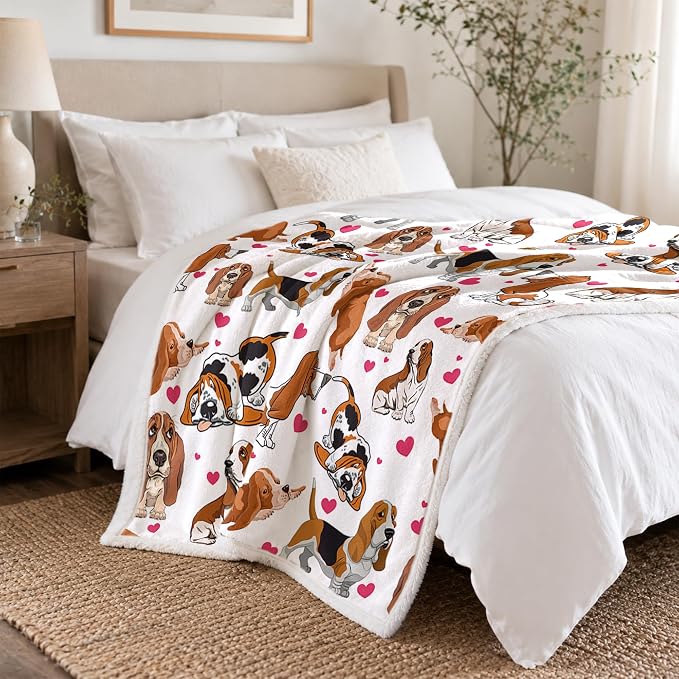 BlessLiving 50x60 Sherpa Fleece Throw Blanket, Basset Hound | sherpa fleece. basset hound print; for couch, bed, or sofa.