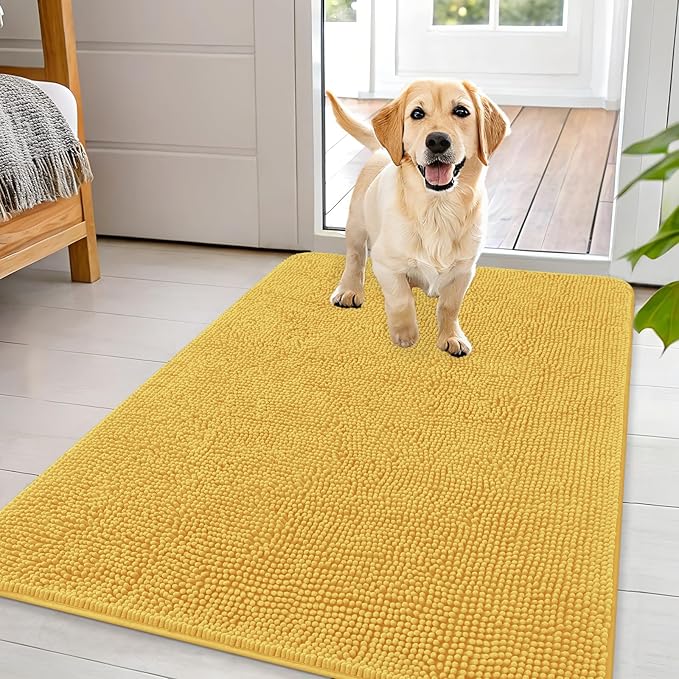 OLANLY Dog Door Mat for Muddy Paws 44x32, Super Absorbent Chenille Mud Mat | Yellow, Absorbs Moisture and Dirt, Non-Slip Machine Washable Doormat, Quick-Drying Indoor Entryway Floor Carpet for Dogs