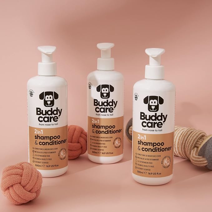 Buddycare 2in1 Dog Shampoo and Conditioner (16.90oz) | Coconut Scented Dog Shampoo Sensitive Skin | Hypoallergenic Itch Relief for Smelly Dogs | Essential Dog Grooming Supplies