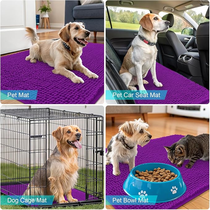 OLANLY Dog Door Mat for Muddy Paws 47x24, Super Absorbent Chenille Mud Mat | Purple, Absorbs Moisture and Dirt, Non-Slip Machine Washable Doormat, Quick-Drying Indoor Entryway Floor Carpet for Dogs