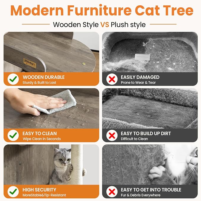 44.8in Modern Wood Cat Tree Tower for Indoor Large Cats with Perch | Multi-level Big Platforms, Sisal Scratching Posts, Cozy Hammock, Washable Pads, Ideal for Windows and Corners, Greige
