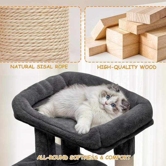 36-Inch Cat Tree Tower for Small and Medium Indoor Cats, Multi-Level Climbing Tower with Sisal Scratching Posts, Hammock, Cat Condo & Scratching Board, Smoky Gray