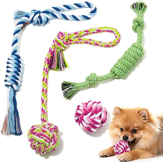 Dog Rope Toys 4 Pack for Small Dogs & Puppies - Cotton Knot Teething Chew Dog Toy, Interactive Tug of War Set for Boredom Relief, Teeth Cleaning, Indoor/Outdoor Play - Mix Colors Pink