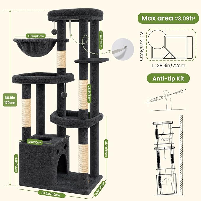 67in Cat Tree Tower for Indoor Cats, Multi-Level Dark Grey | Climbing Tower with 3 Large Platform, 4 Scratching Posts, Hammock, Large Condo for Multiple Cats, Modern Cat Tree Furniture