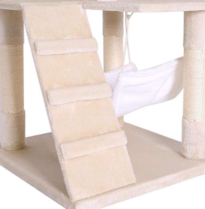 lionto Scratching Tree for Cats with Hammock & Tunnel, Height 52,4 in, cat Tree with sisal Rope & Soft Plush, Cozy Lying Areas & Caves, Suitable for Small & Large Cats, Beige/White