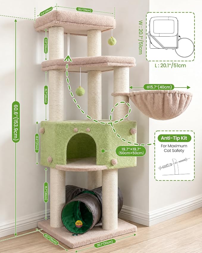 Cat Tree Tower for Large Cats Adult - 60 Inch XXL Sturdy Heavy Duty Extra Wide Scratching Posts (φ4.4in) Condo - Indoor Big Cat House Hammock Perch - XL Wood Multi Level Feline Pet Bed Trees Houses