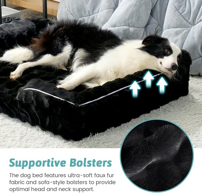 COZY KISS Orthopedic Dog Bed for Extra Large Dog 44x32 inch, XL Faux Fur Pet Sofa, Bolster Foam Bed with Sides, Non-Slip and Egg-Crate Big Dog Couch Bed with Washable Removable Cover, Black