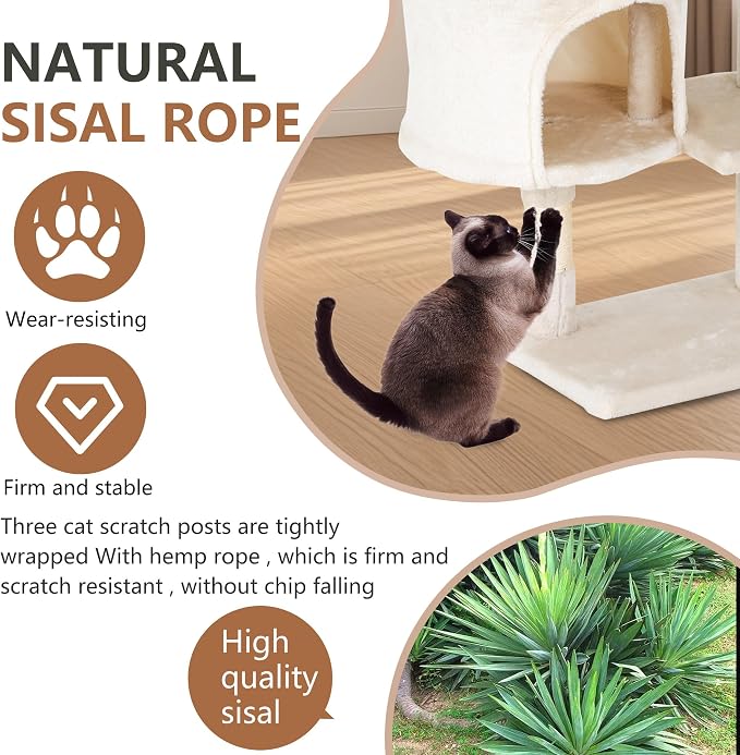 FDW | 36" Cat Tree Tower | Beige | Multi-Level Indoor Activity Center | with Sisal Scratching Posts, Condos, Plush Perches, Hanging Cat Toys | Sturdy, Easy to Assemble | for Kittens & Adult Cats