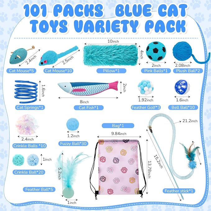 Leitee 101 Pcs Cat Interactive Toys Set with 1 Cat Paw Gift Storage Bags Feather Teaser Wand Springs Mice Fish Crinkle Balls Bell Balls Pillow, Puzzle Toys for Cats Gift Indoor(Blue)