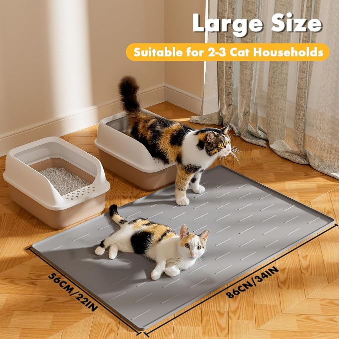 Pieviev Silicone Cat Litter Mat, Traps Litter & Easy to Clean, 34'' x 22'' | Raised Edges Lock Litter & Urine, Scratch and Wear-Resistant Cat Box Mat, Non-Slip Backing, Fit Most Standard Boxes
